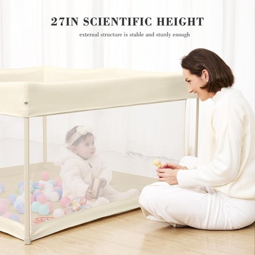 Foldable Baby Playpen by Regine Switzerland - Portable 50"×50" Play Yard with Breathable Mesh & ASTM F406 Certified (Beige)