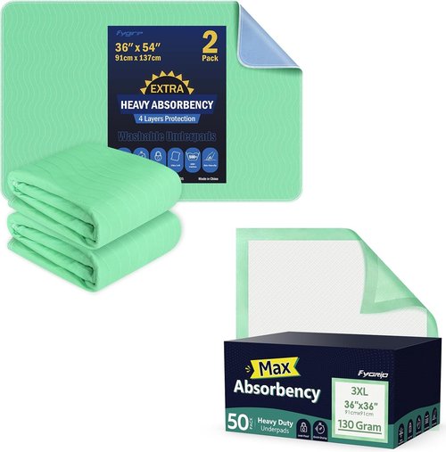 Fygrip Washable Underpads - 36” x 54” Extra Heavy Absorbency & 50 Count Disposable Underpads - 36” x 36” Max Absorbency
