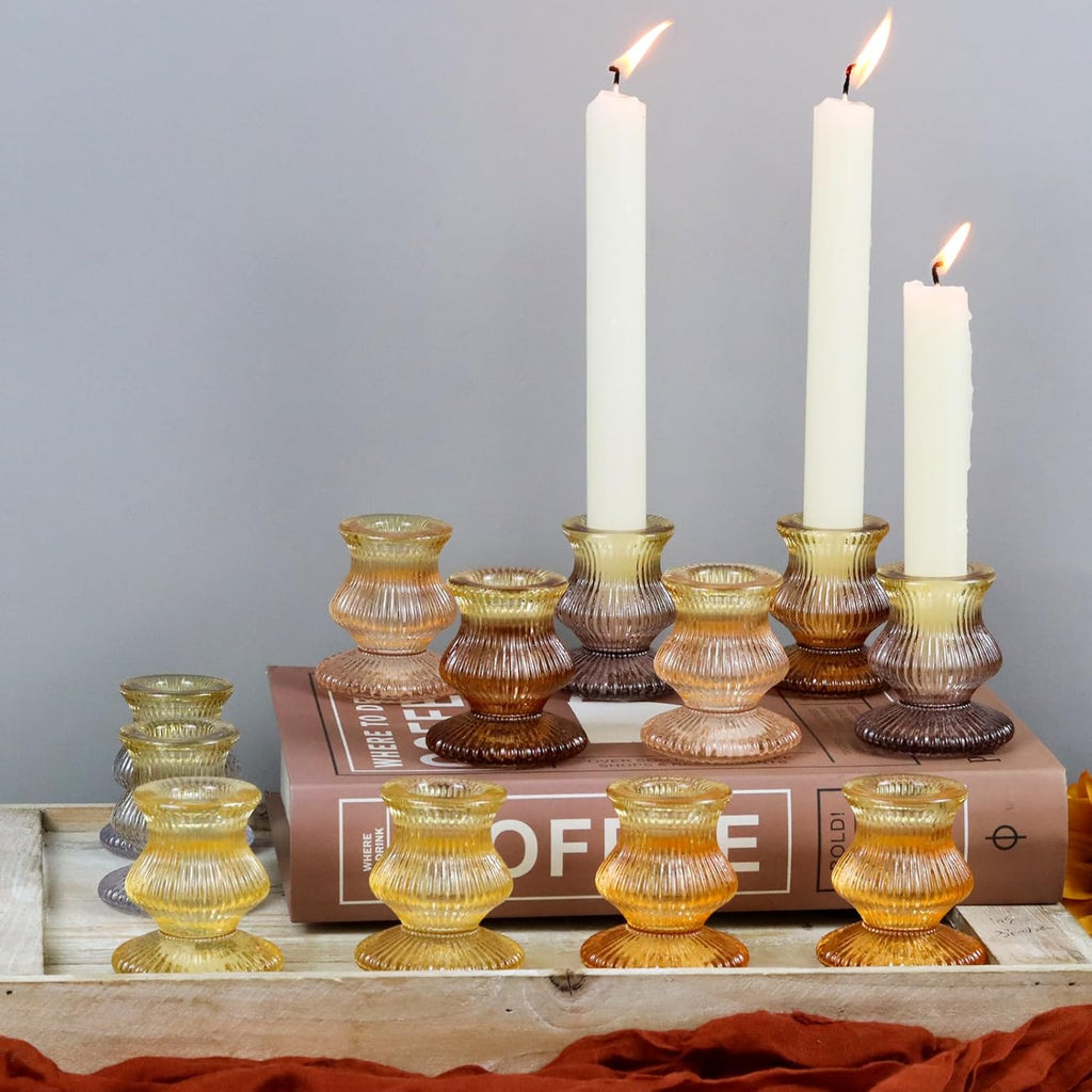 WDHODEC Orange Candlestick Holders - 12PCS Glass Taper Holders for Colorful Table Centerpieces