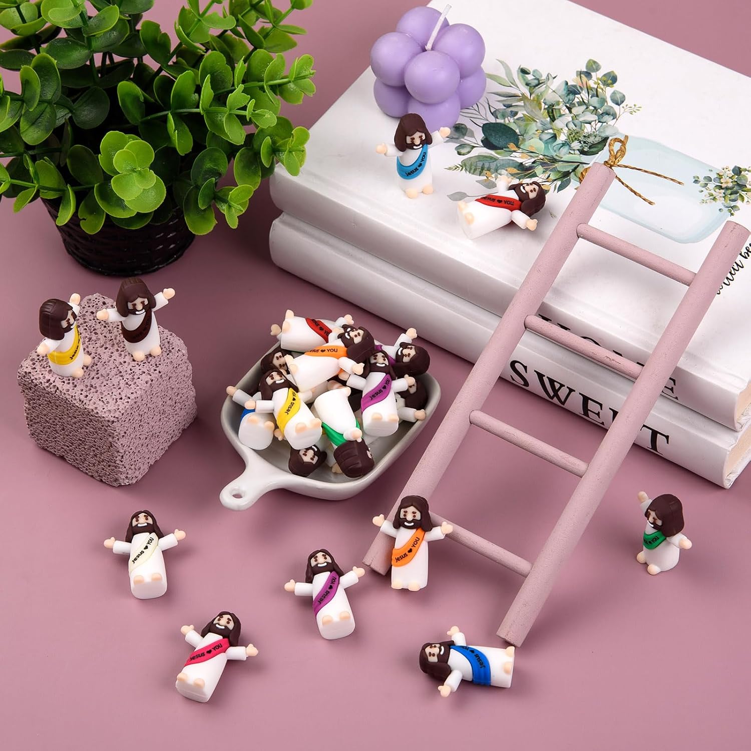 Skiennix Mini Jesus Figures - 50 Pcs Tiny Christ Figurines for Easter Egg Stuffers | Multicolor