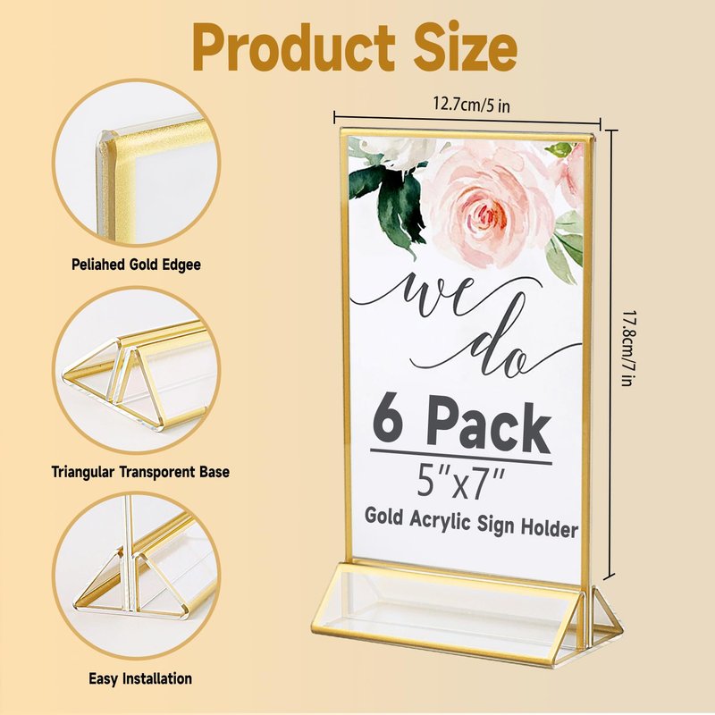 Ayuanb 5x7 Inch Acrylic Sign Holder with Gold Borders, 6 Pack Gold Picture Frames for Wedding, Double Sided Table Number Holders Menu Holders, Acrylic Stands for Display, Restaurant Signs