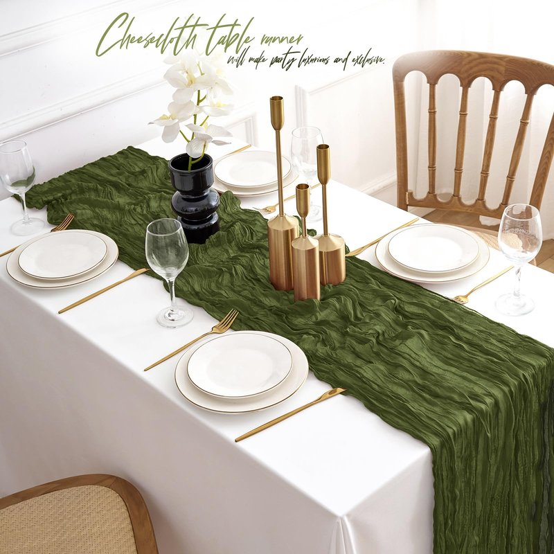 JEZID 4 Pack Olive Green Cheesecloth Table Runner 10FT Boho Rustic Gauze Cheesecloth 120 inch Cheese Cloth Runner for Wedding Bridal Baby Shower Party Home Decoration