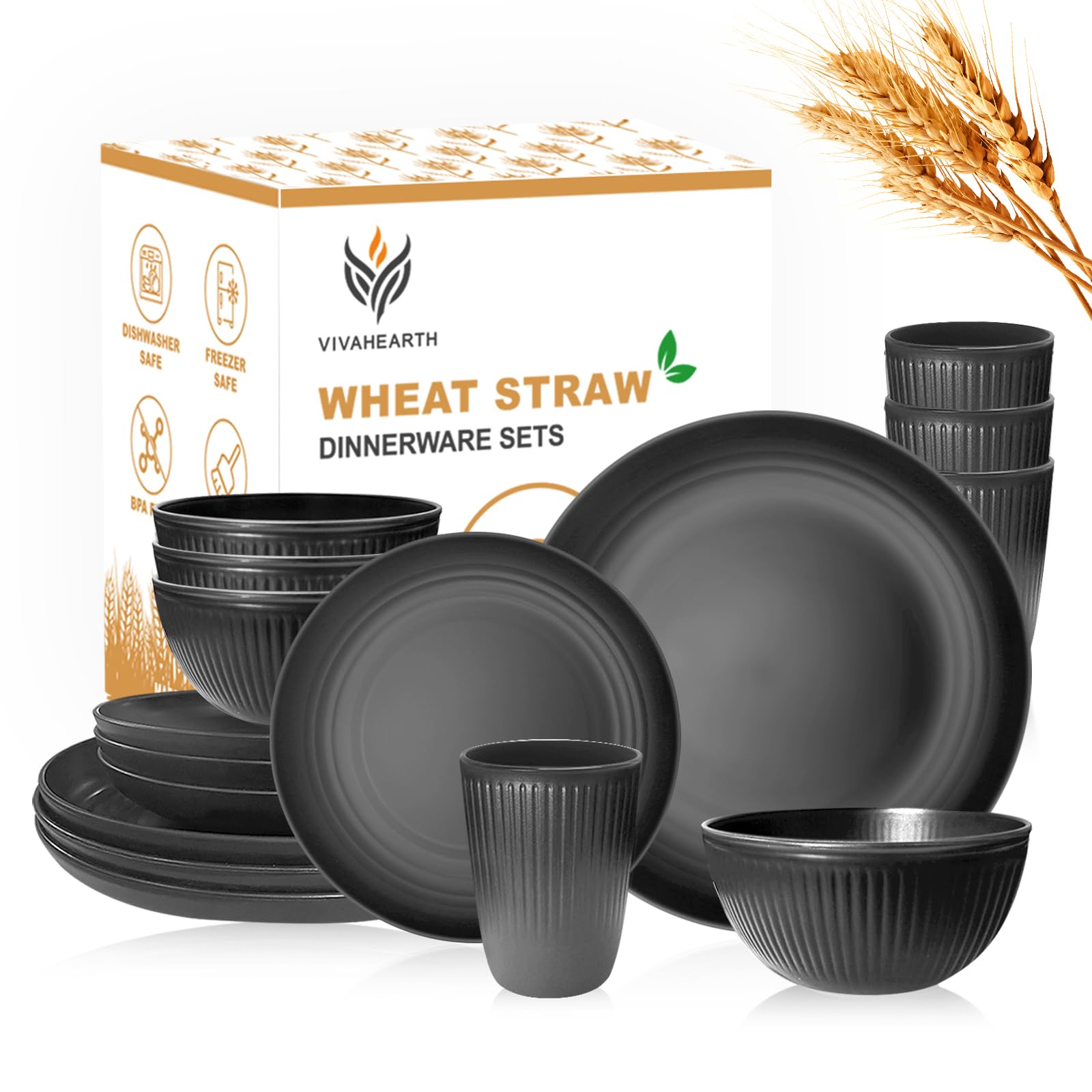 VIVAHEARTH Wheat Straw Dishes Set for 4, Dinnerware Sets 16 piece, Unbreakable Plates, Bowls, Cups Sets for Kitchen Parties Camping RV - Grey