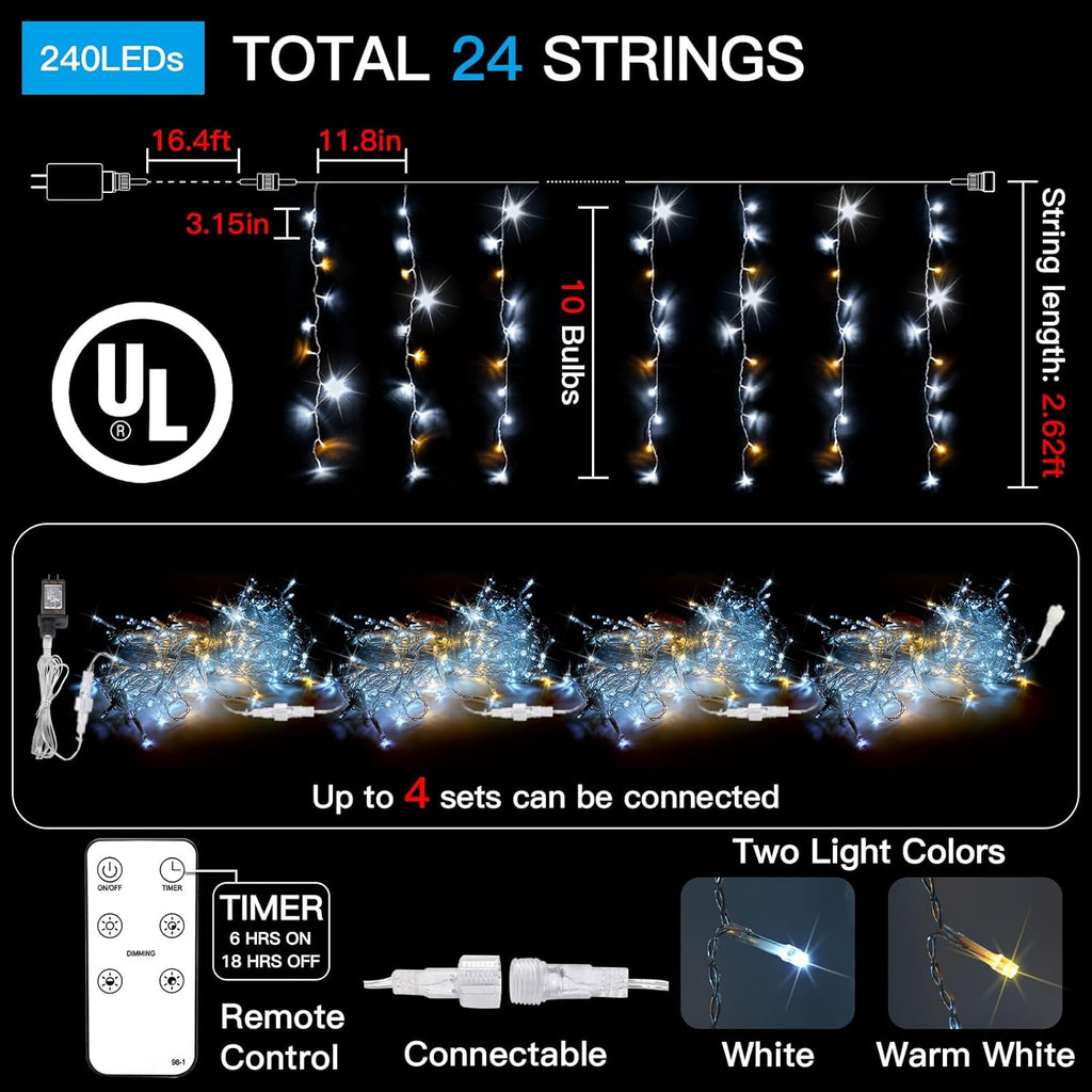 Suddus Christmas Icicle Lights - 24 Drops, 23.6ft Waterproof LED String Lights for Outdoor Use | Perfect for Houses, Roofs, and Parties