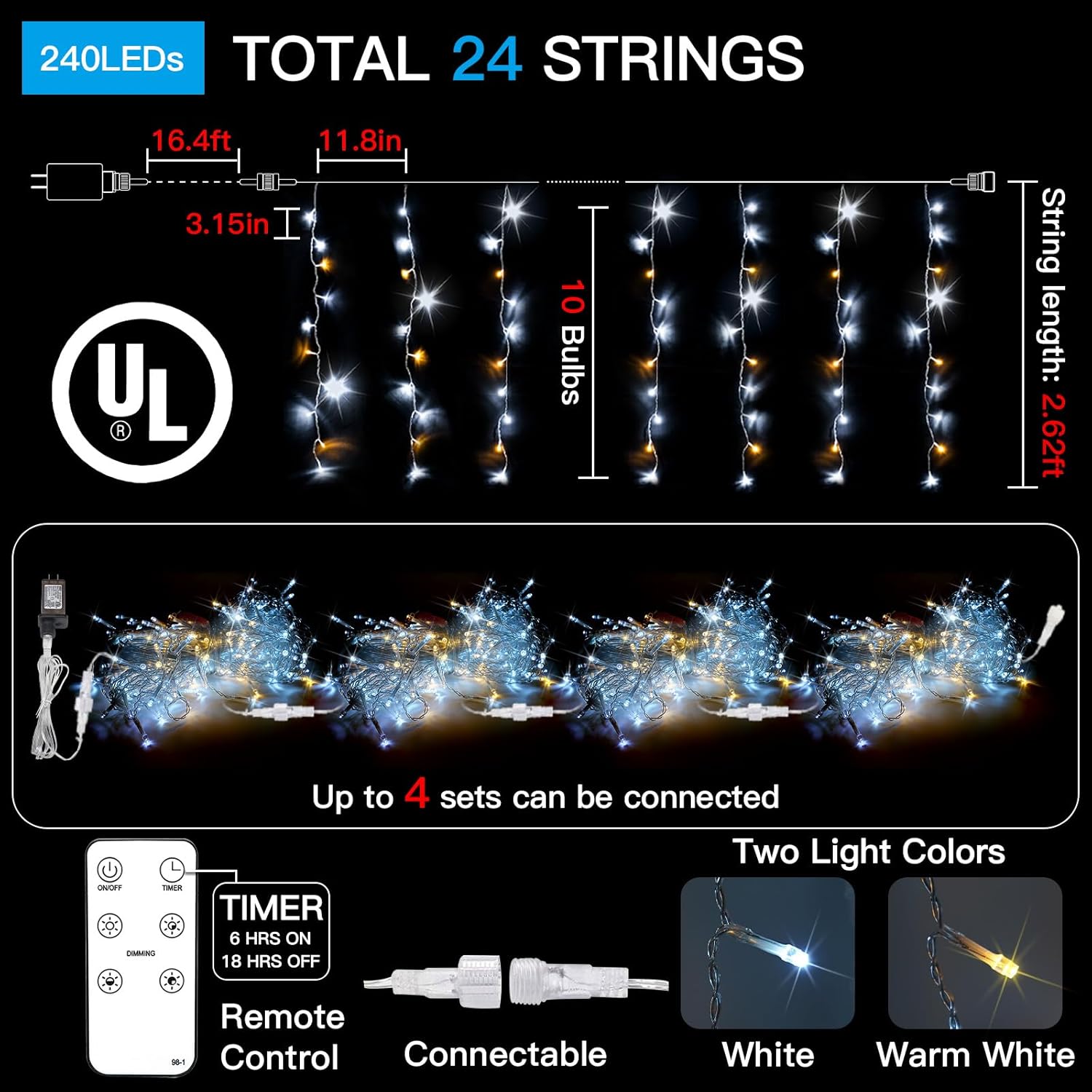 Suddus Christmas Icicle Lights - 24 Drops, 23.6ft Waterproof LED String Lights for Outdoor Use | Perfect for Houses, Roofs, and Parties