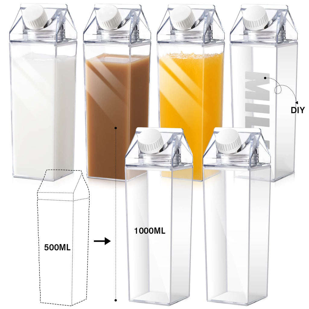 CHENGU Clear Milk Carton Water Bottle 1000 ml/ 34 Oz Portable Container Reusable Cute Plastic Milk Bottles for Juice Tea Jug Travel Camping Climbing Sports Outdoor Activities Drinking(6 Pieces)