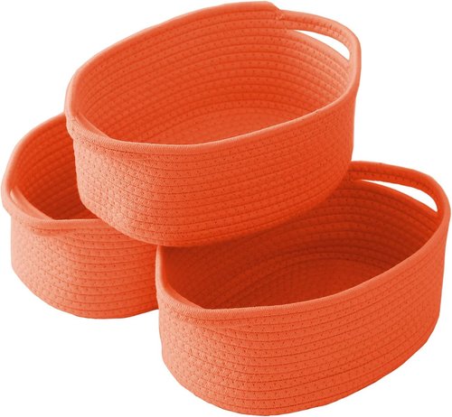 JMvicyroam Woven Basket - Small Rope Storage Bin with Handles for Organizing Shelves | 3-Pack Orange