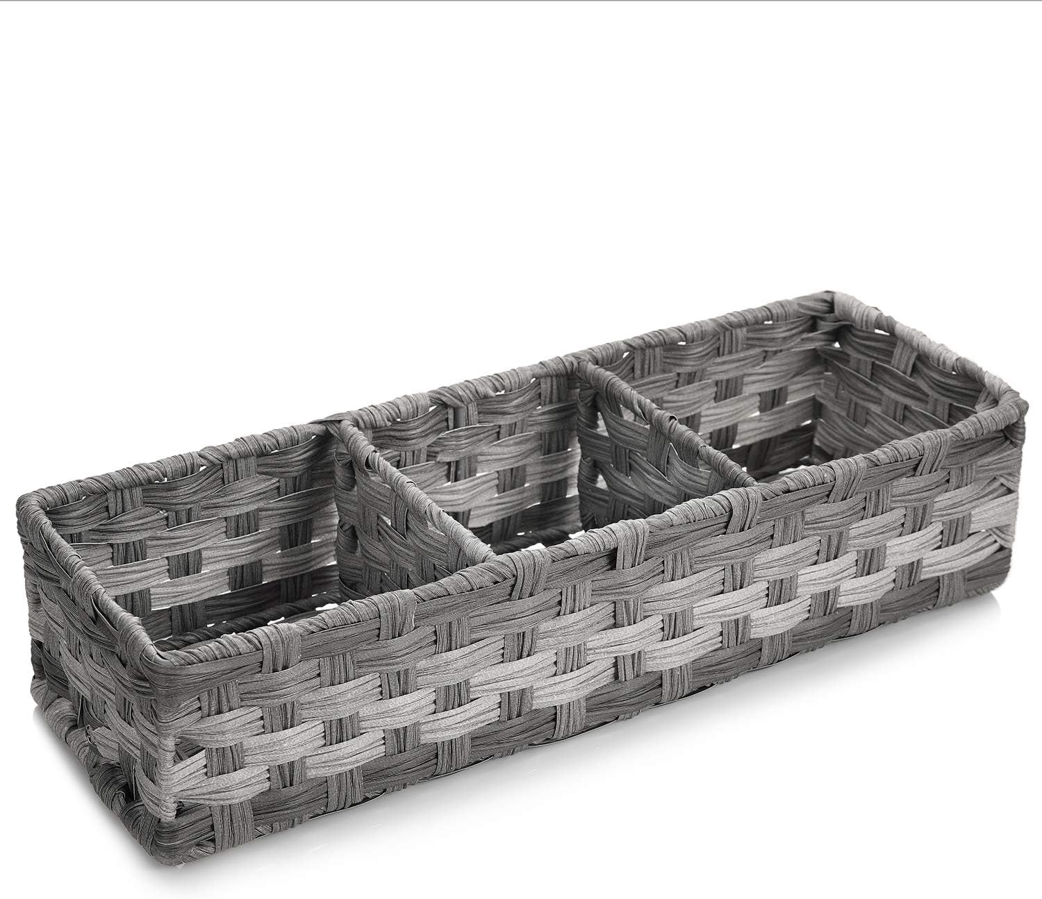 Toilet Tank Topper Paper Basket - Hand Woven Plastic Wicker Organizer with Divider | Rustic Grey Farmhouse Decor