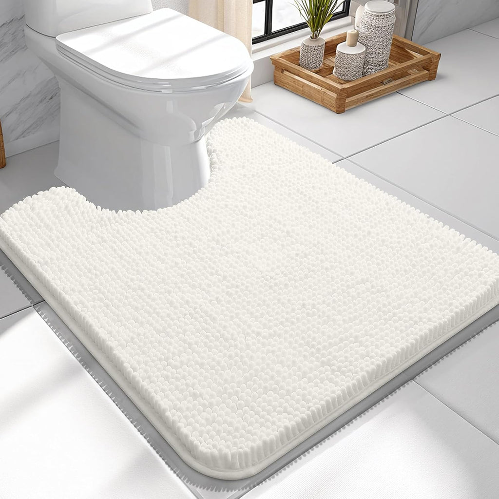 OLANLY U-Shaped Toilet Rugs - Extra Soft Chenille Bathroom Mat, 24x24, Quick-Dry & Non-Slip, Ivory
