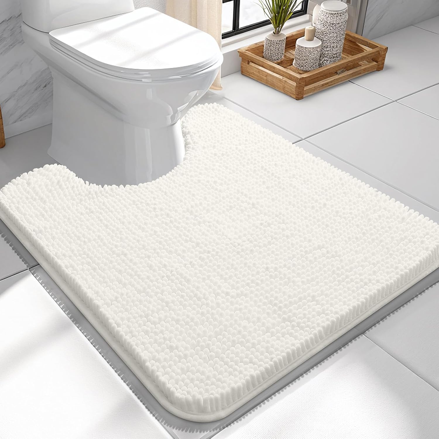 OLANLY U-Shaped Toilet Rugs - Extra Soft Chenille Bathroom Mat, 24x24, Quick-Dry & Non-Slip, Ivory