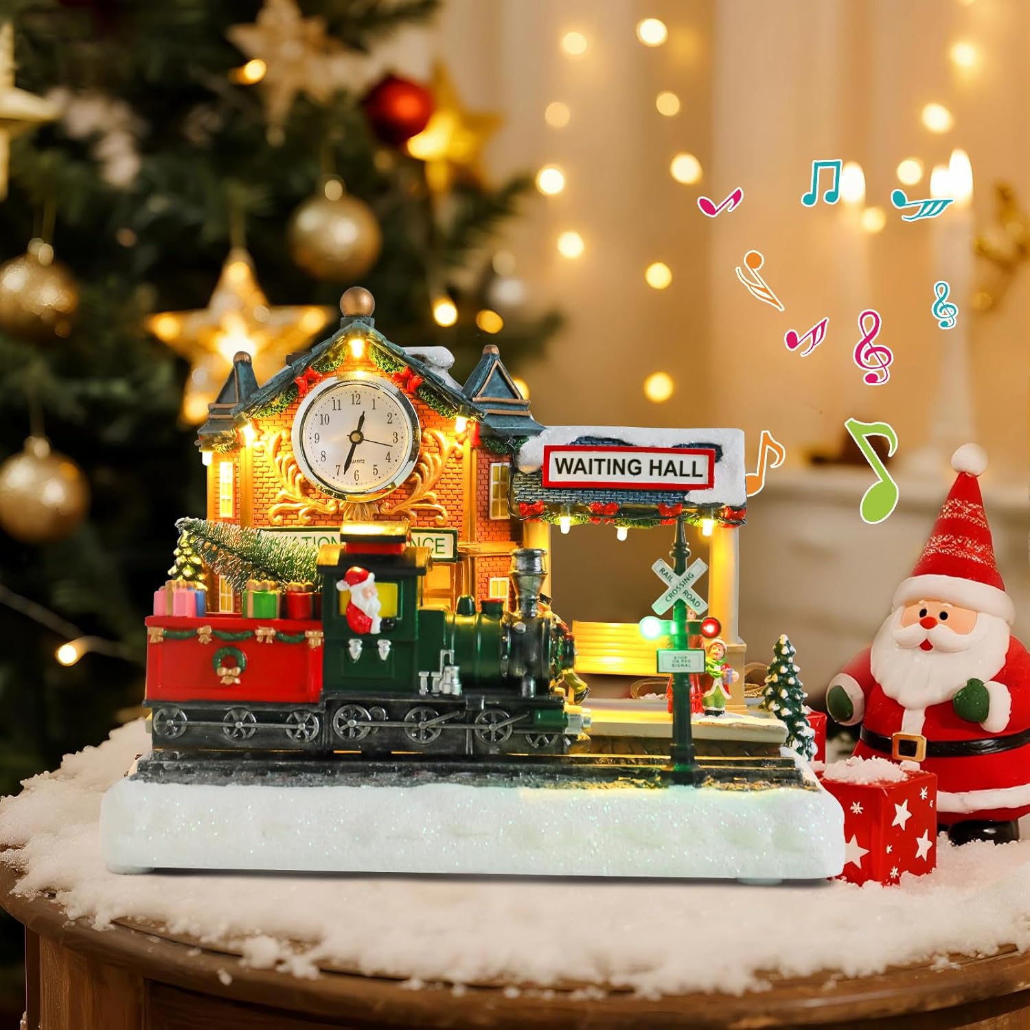 VCUTEKA Lighted Animated Christmas Village Train Station | Musical Santa Decor for Holiday Display