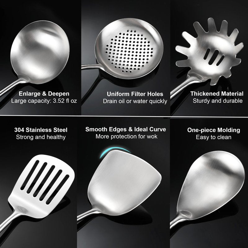 NIITAWH Stainless Steel Kitchen Utensils Set with Wooden Handle for Cooking 9 PCS with Solid and Slotted Spoon, Fork, Spatula, Ladle, Skimmer, Slotted Tunner, Spaghetti and Large Spoon