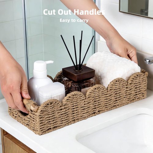 CubesLand Bathroom Basket Organizer - Scalloped Wicker Storage Tray with Cut-Out Handle | Neutral Color
