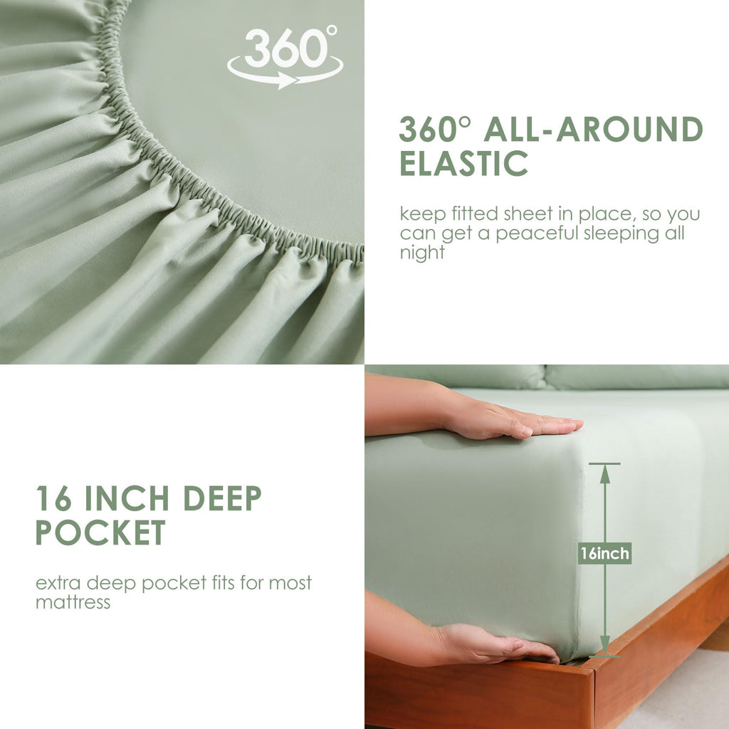 JSD Sage Green Twin Sheet Set with Side Pocket Corner Straps, 3 Piece Soft Kids Microfiber Bed Sheets Extra Deep Pocket