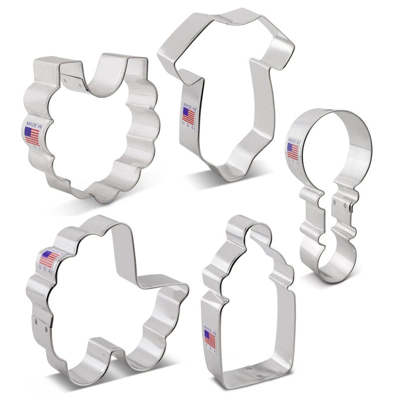 Ann Clark 5-Pc. Baby Shower Cookie Cutter Set, Made in USA, Baby Bottle, Rattle, Onesie, Carriage and Bib