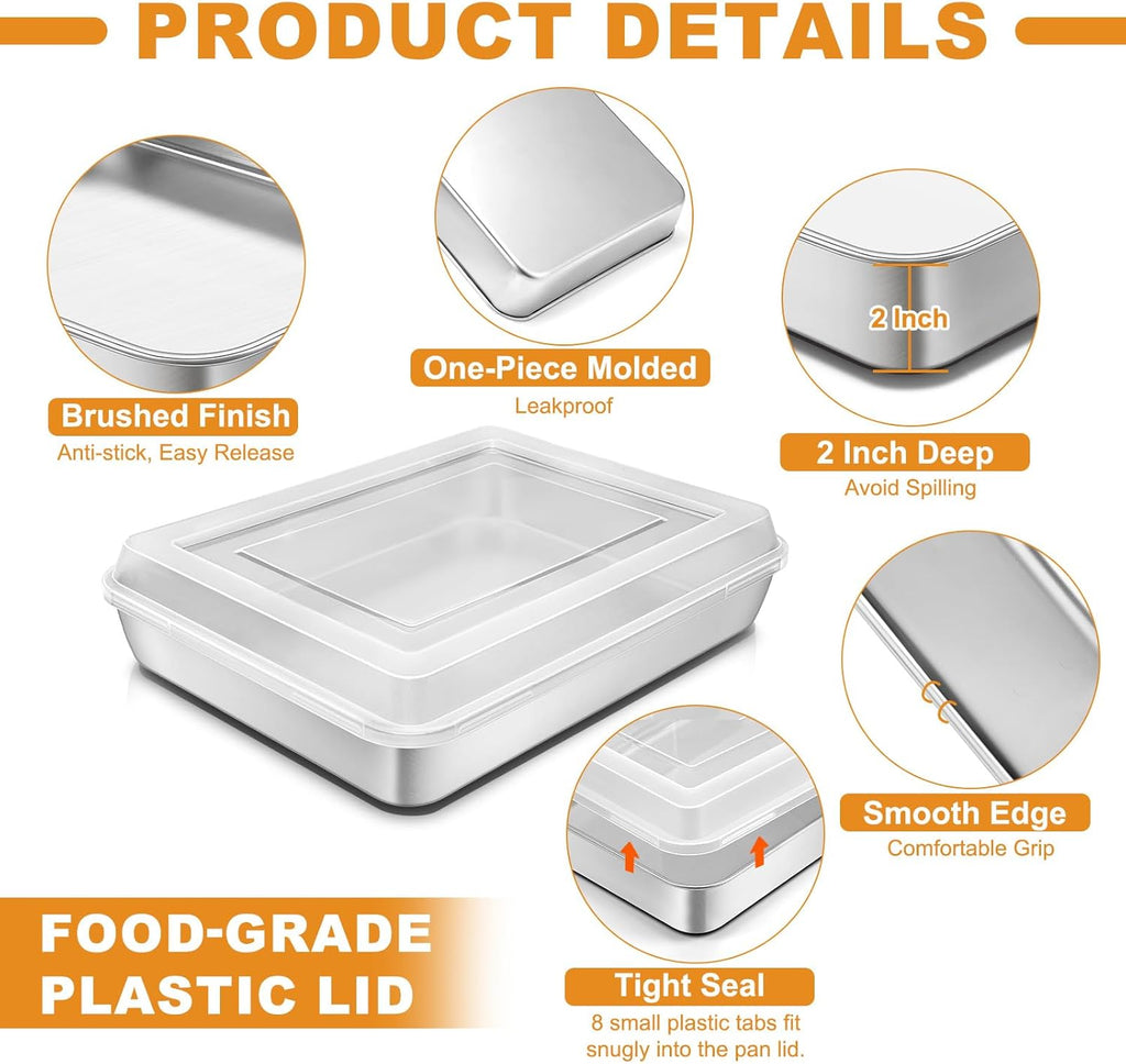 Regine Switzerland Stainless Steel Baking Pan - Deep Rectangle Cake Pan with Lid, 12⅓ x 9¾ x 2 Inch, Heavy Duty & Oven Safe (2 Pans + 2 Lids)