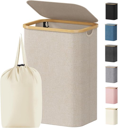 Lifewit 80L Laundry Basket - Foldable Clothes Hamper with Lid & Bamboo Handles | Beige