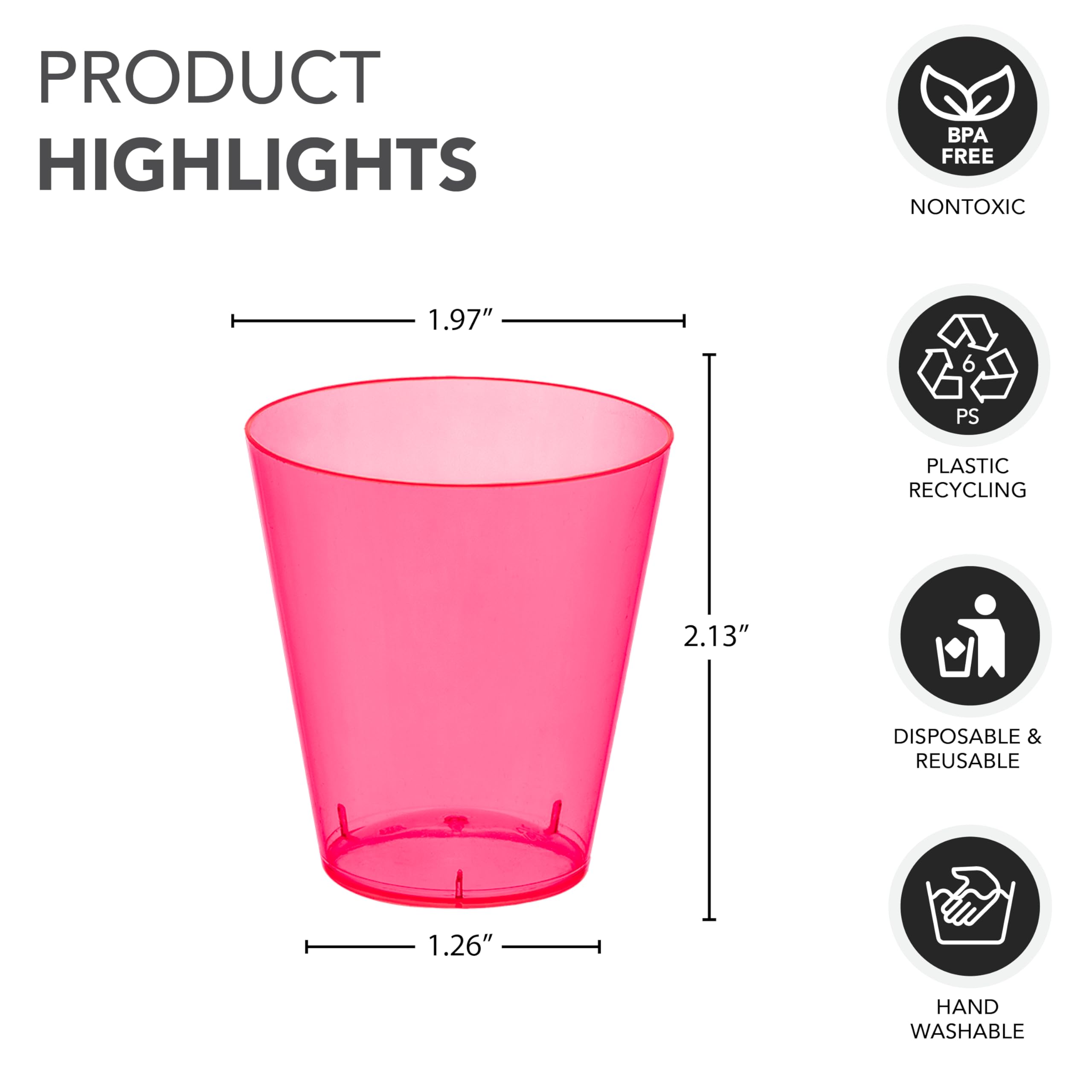 Party Essentials Hard Plastic 2-Ounce Shot/Shooter Glasses, Neon Pink, 50 Count