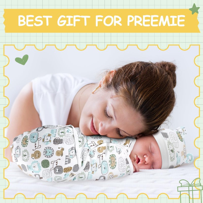VitalCozy 2 Pack Preemie Baby Swaddle Blanket Wrap with Hat 3-7 Lbs Preemie Hat Newborn Receiving Blanket Wrap for Boy Girl(Animals, Cow)