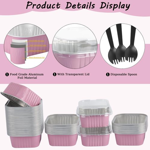 CXIIPOL 60 Pack Mini Square Cake Pans with lids and Spoons, 5 OZ Pink Disposable Ramekins Cake Pans, 3.5x3.5 Inch Aluminum Foil Baking Cups for Mother's Day, New Year, Anniversaries, Birthdays
