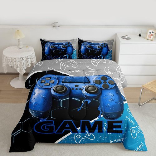 Gaming Boys Kids Comforter Set Queen Size,Blue Video Game Consoles Gamepad Reversible Bedding Set for Adult,Geometric Honeycomb Gamer Room Decor Luxury Bed Duvet Insert, 2 Pillowcases