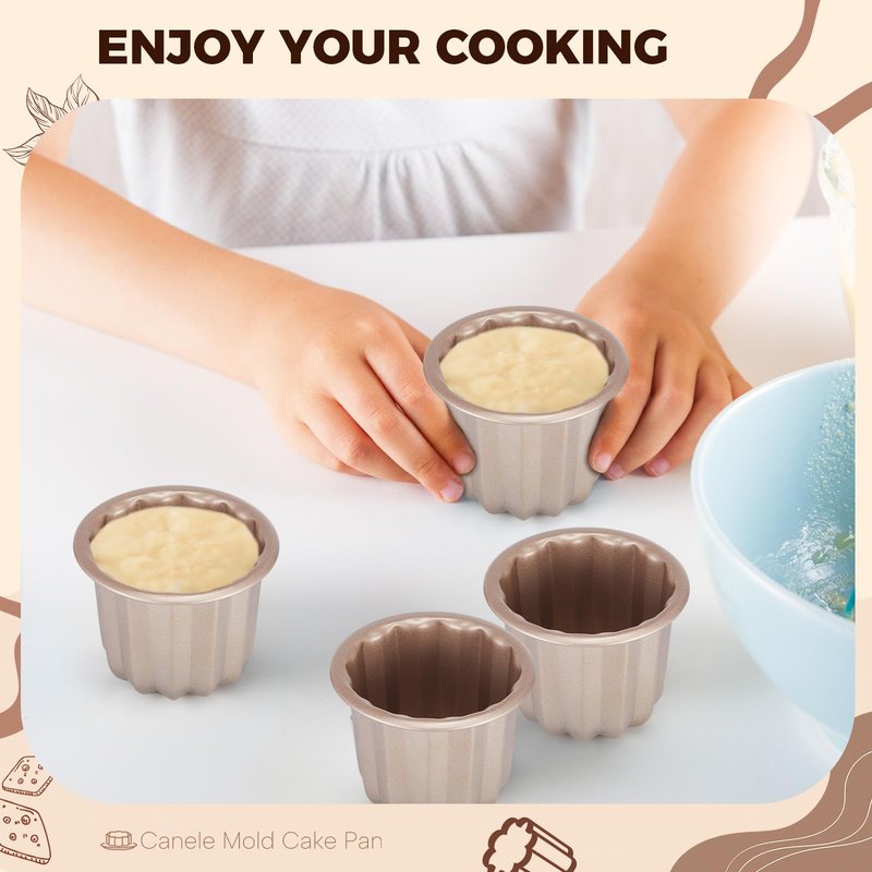 Blushtier 6 Pcs Canele Mold Cake Pan Non Stick small Copper Color Canele Molds Muffin Bakeware Cupcake Pan 2.8 Inch Carbon Steel Pastry Mould Mini Cupcake Holders DIY Cake Muffin Oven Baking Tool