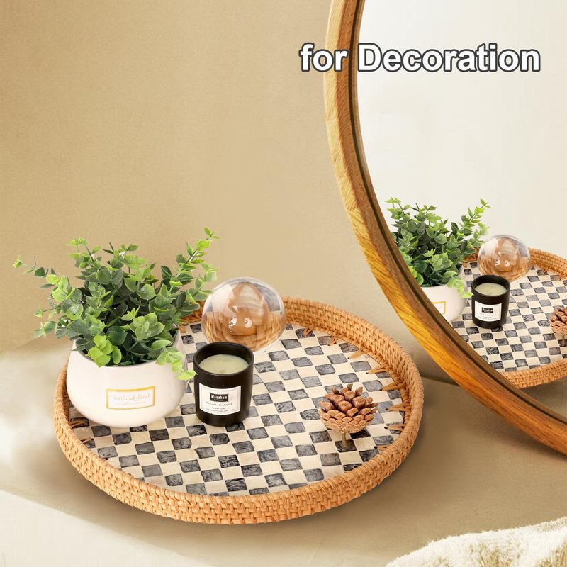 Tynulox Round Rattan Tray with Mother of Pearl Inlay, Rattan Serving Tray for Coffee, Bread, Fruits, Decorative Wicker Tray for Table Decor, Home Decor, Kitchen Island Decor(Black Checkerboard, 11.8")