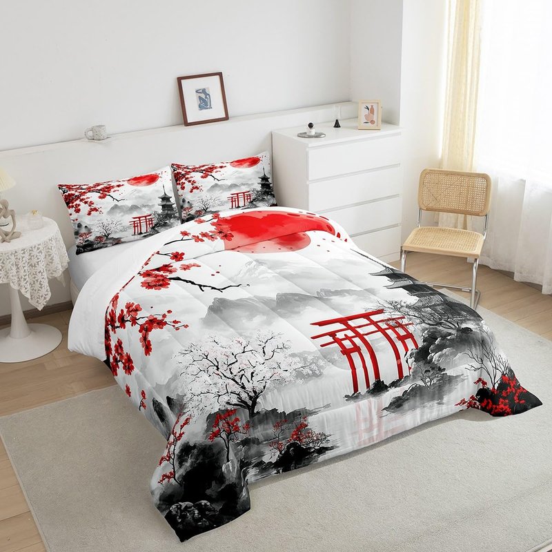 Feelyou Japanese Style Comforter Set Twin Size Kids Red Cherry Blossoms Bedding Set for Boys Girls Teens Mount Fuji Torii Comforter Breathable Ink Painting Duvet Set Sunset Quilt Set