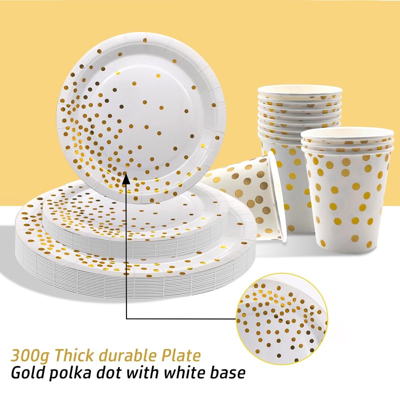 175 PCS White and Gold Paper Plates and Utensils Set Party for 25 Guests Disposable Party Decorations Golden Dinnerware Plates Cups Napkins Forks Knives Spoons for Wedding,Birthday and Party.