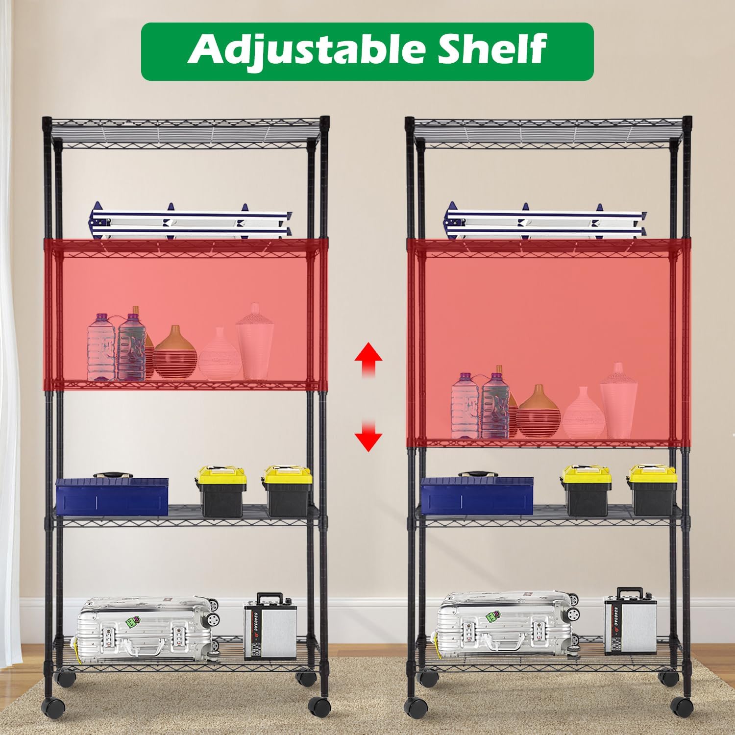 PayLessHere 5-Tier Wire Shelf with Wheels - Adjustable Heavy-Duty Storage Rack | Black | 14"x30"x60" | Rust-Resistant, No-Tool Assembly