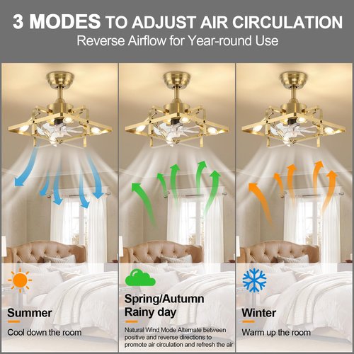 ECOBRT 16" Gold Ceiling Fan with Light and Remote, Flush Mount Indoor, 6-Speed Reversible Motor for Bedroom, Living Room, Kitchen