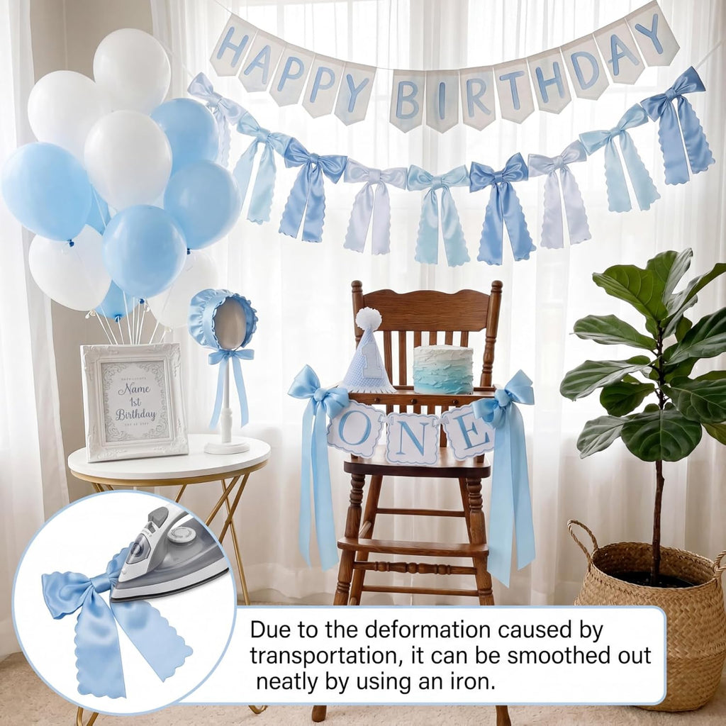 VitalCozy Blue Bow Garland - Pre-Strung Satin Ribbon Decor for Bridal Showers & Parties