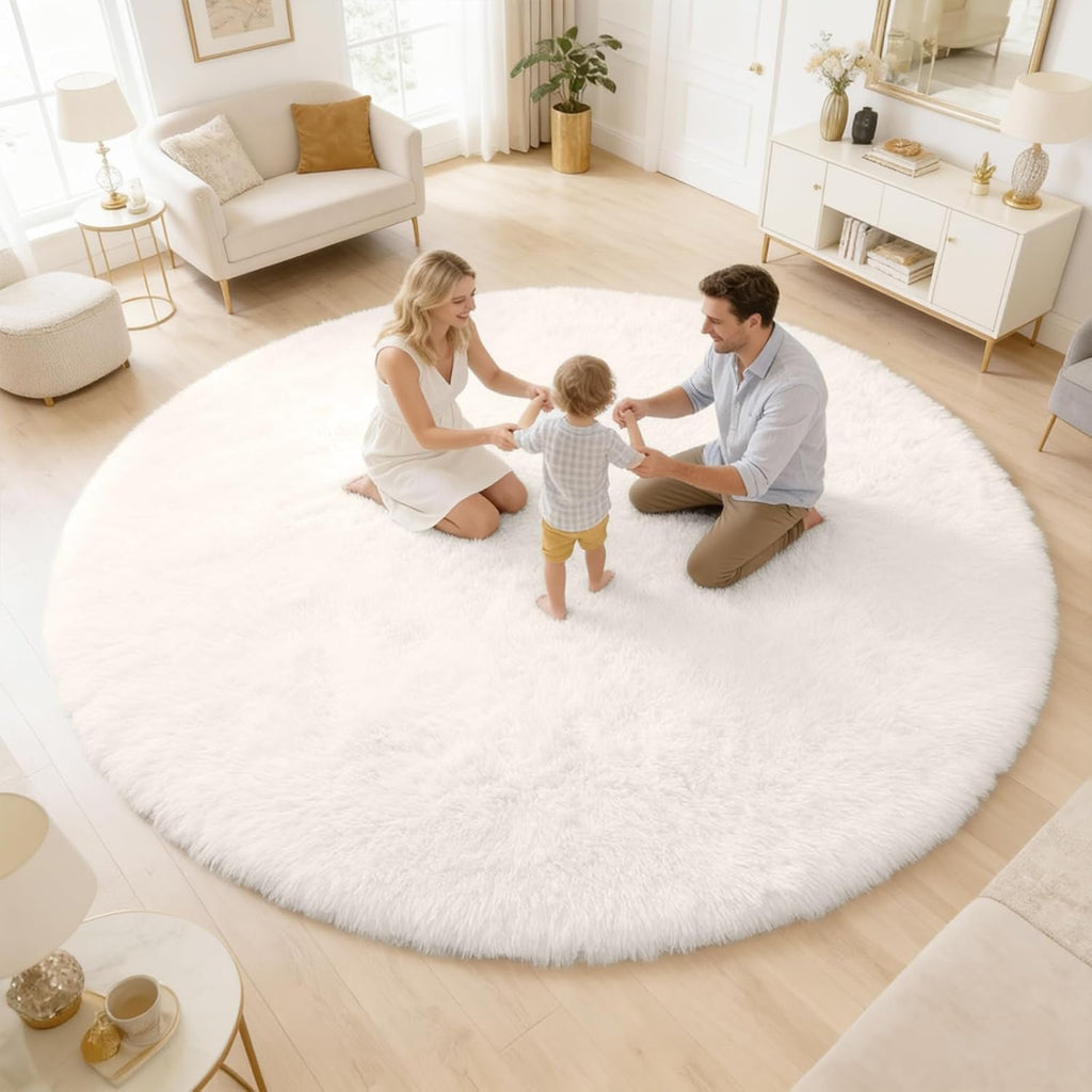 OLANLY Ivory Round Area Rug - Soft, Fluffy, Machine Washable 6 ft Circle Carpet for Bedroom & Living Room Decor