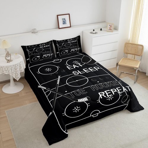jejeloiu Kids Ice Hockey Comforter Set Twin Size Ice Sports Games Comforter Boys Girls Eat Sleep Hockey Ball Pattern Bedding Set Gaming Sports Theme Black Quilt Set