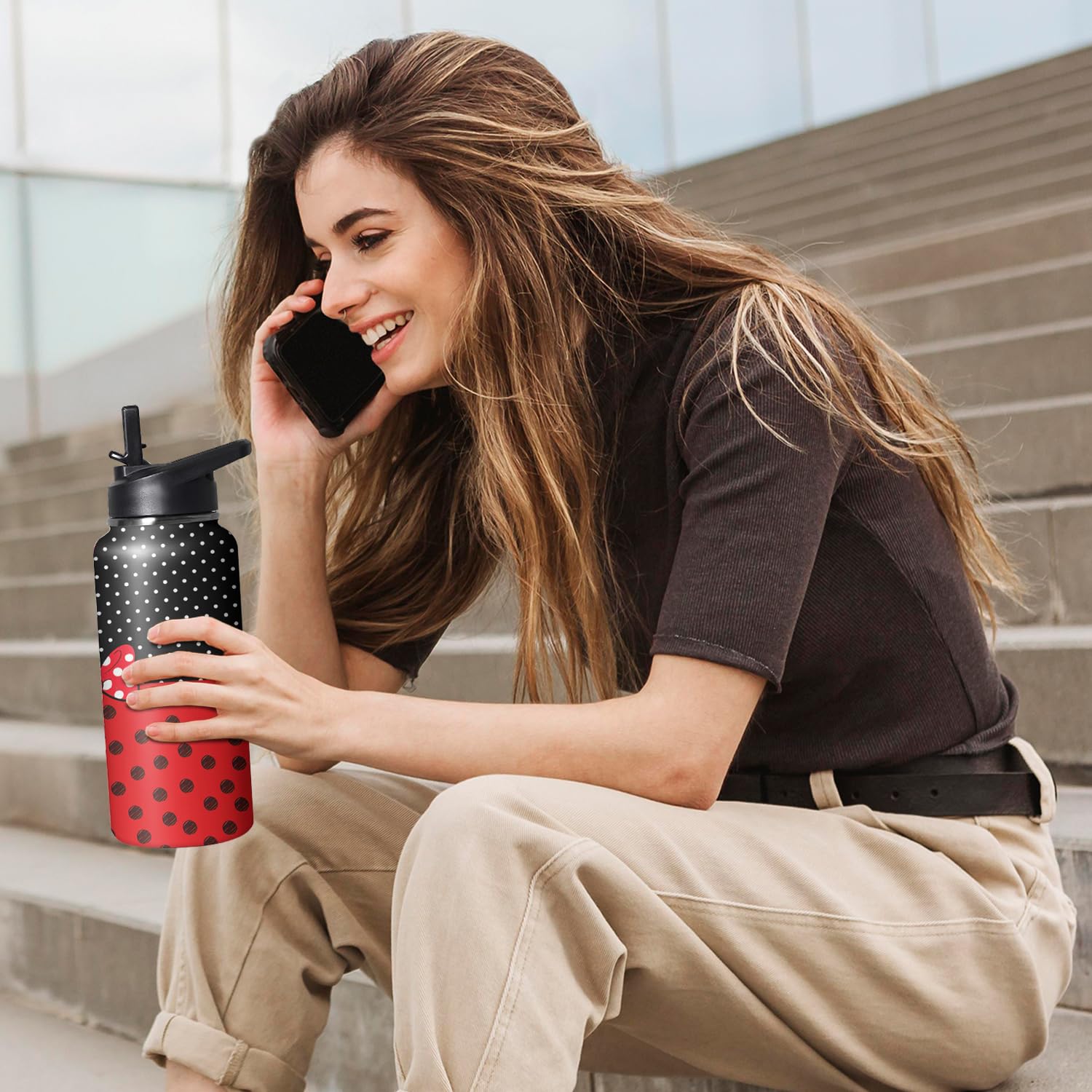 GOODNHAPPY Cute Cartoon Tumbler with Top Handle and Straw Lid Gift for Boys Girls Water Bottle Travel Kettle Cup for Car Cold and Hot Stainless Steel Double Wall Insulated Mug (bow tie, 32oz)