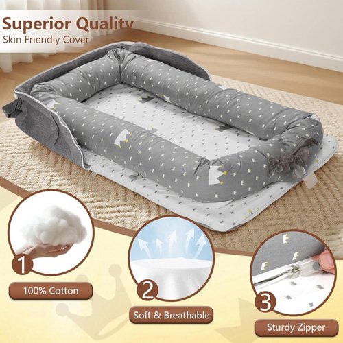 Baby Lounger by Crown - Portable Infant Lounger for Newborns to Toddlers 0-24 Months with Breathable Cotton & Adjustable Size
