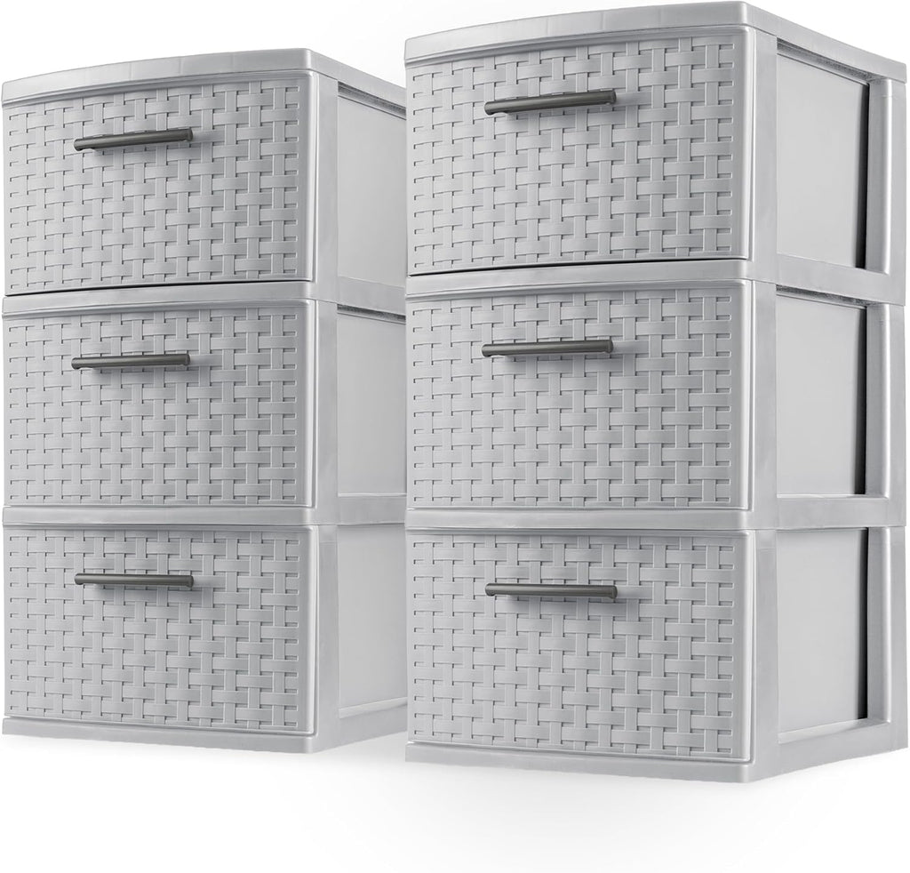 Sterilite 3 Drawer Storage Tower | Lightweight Plastic Weave Organizer - Cement Color for Bedrooms & Closets