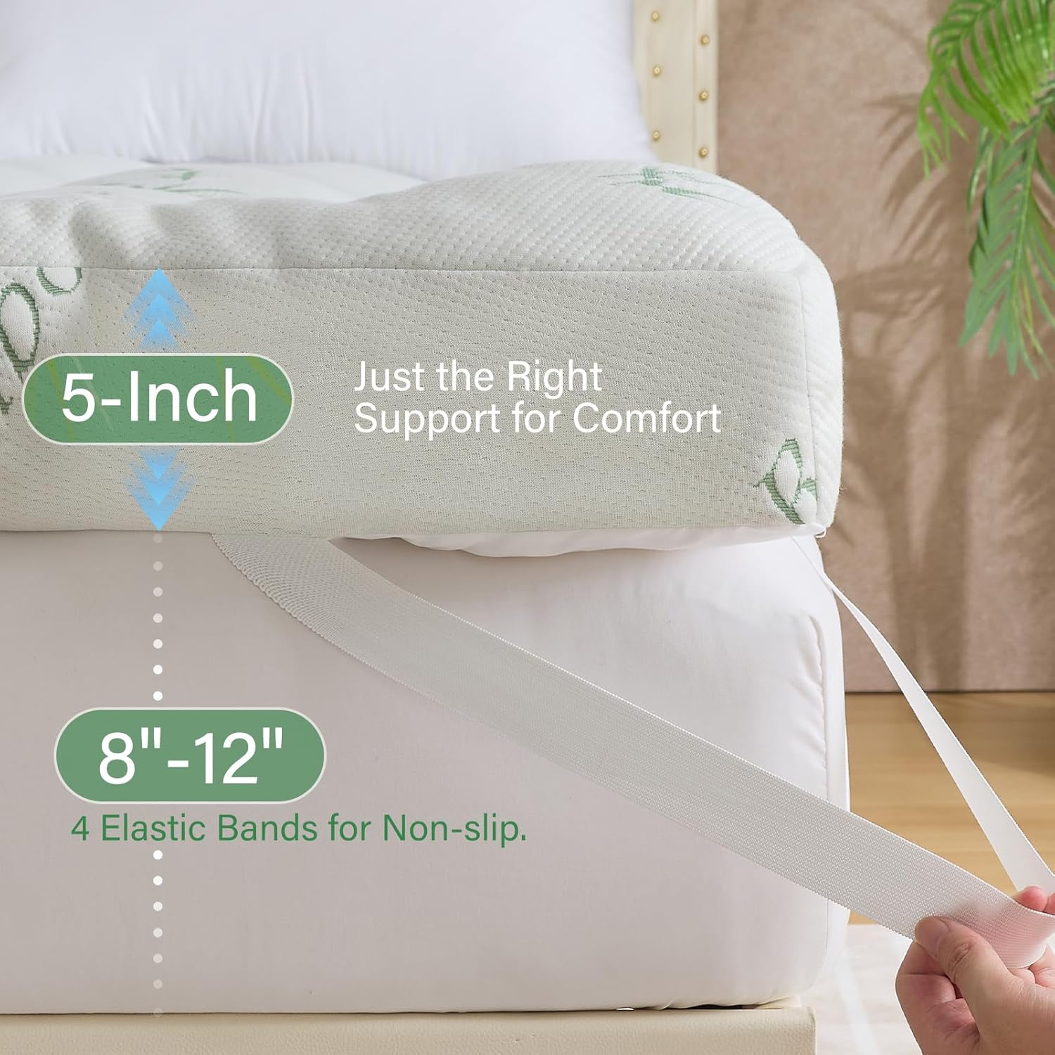 WhatsBedding 5-Inch Memory Foam Mattress Topper - Soft Bamboo Viscose, Breathable Queen Size, 80x60x5in