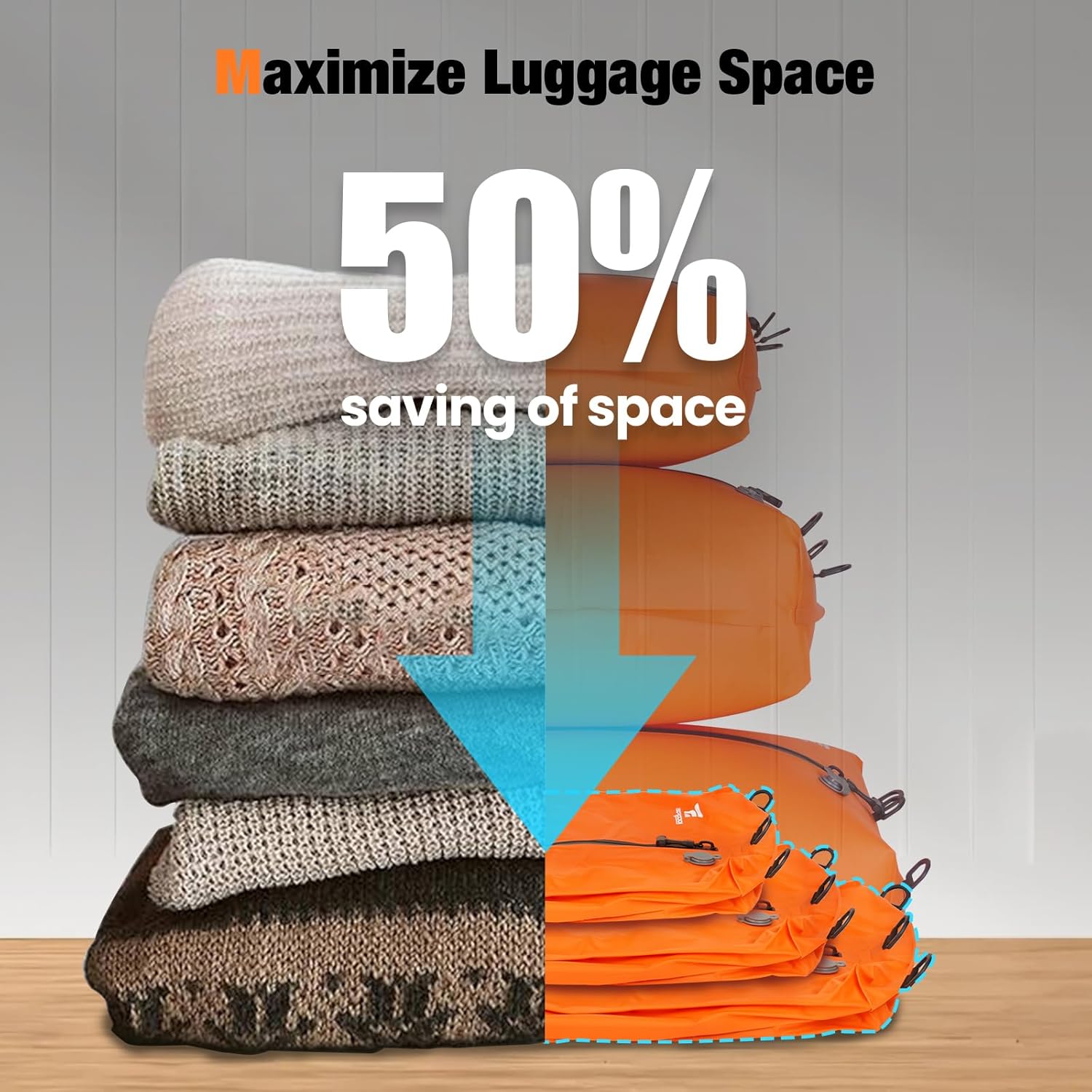 Skiennix Vacuum Compression Bags - 3-Pack Reusable Travel Storage | Waterproof & Space-Saving, Orange
