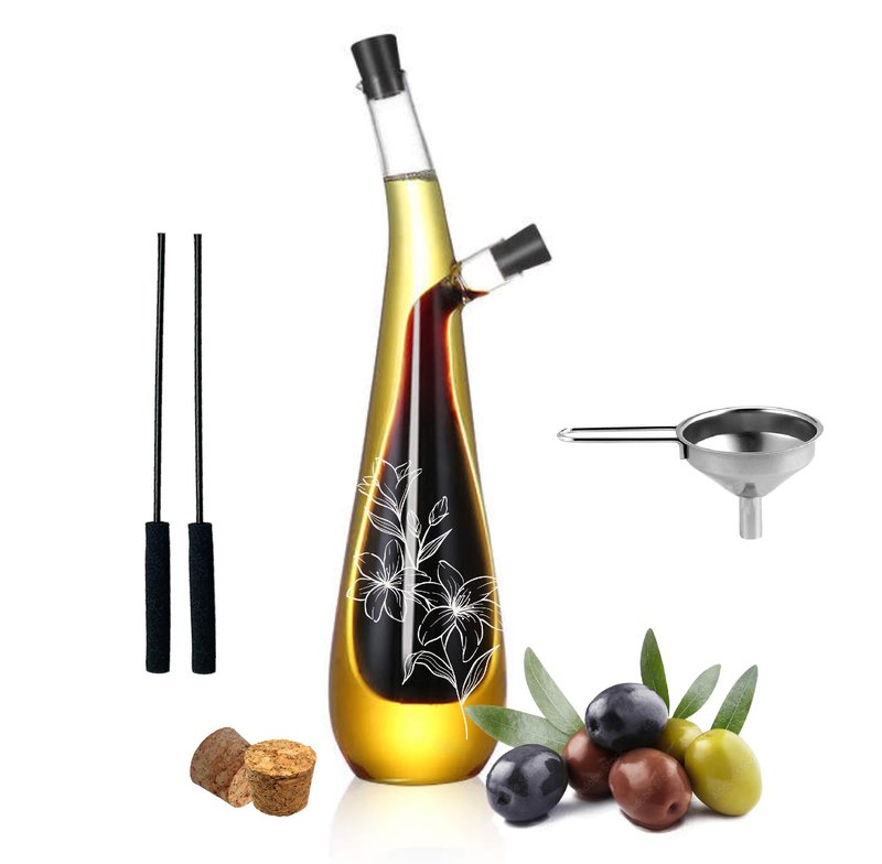 wishamotherwould Oil and Vinegar Dispenser Bottle - Handblown Glass with Elegant Floral Etched Design - Premium Glass Salad Dressing Bottle - Olive Oil and Vinegar Dispenser Set - 12 oz