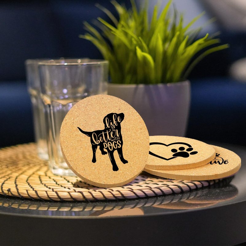 Cegkuc Coasters for Drinks with Set of 6, Cute Dog Coaster for New Home Couples House Warming Gifts Absorbent Paw Cork Wood Bulk for Cup Desk Coffee Table Office Kitchen Decor, Round 4"