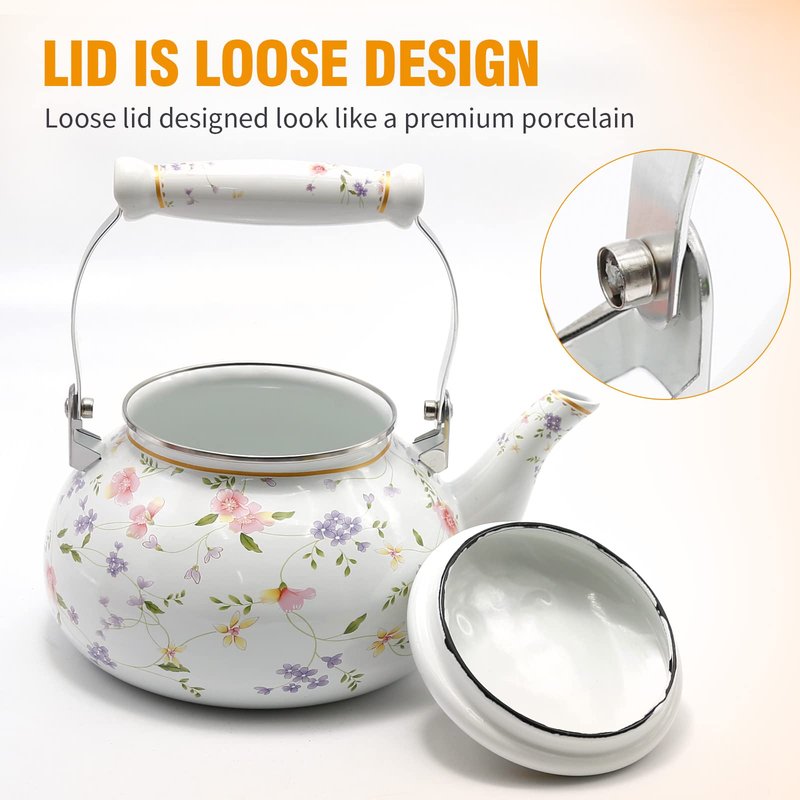 Saihisday Floral Teapot Enamel Afternoon 2.5L Tea Kettle For Stovetop, Large Flowered Tea Kettle with Ceramic Handel for Afternoon Tea Wedding Party Housewarming Gift