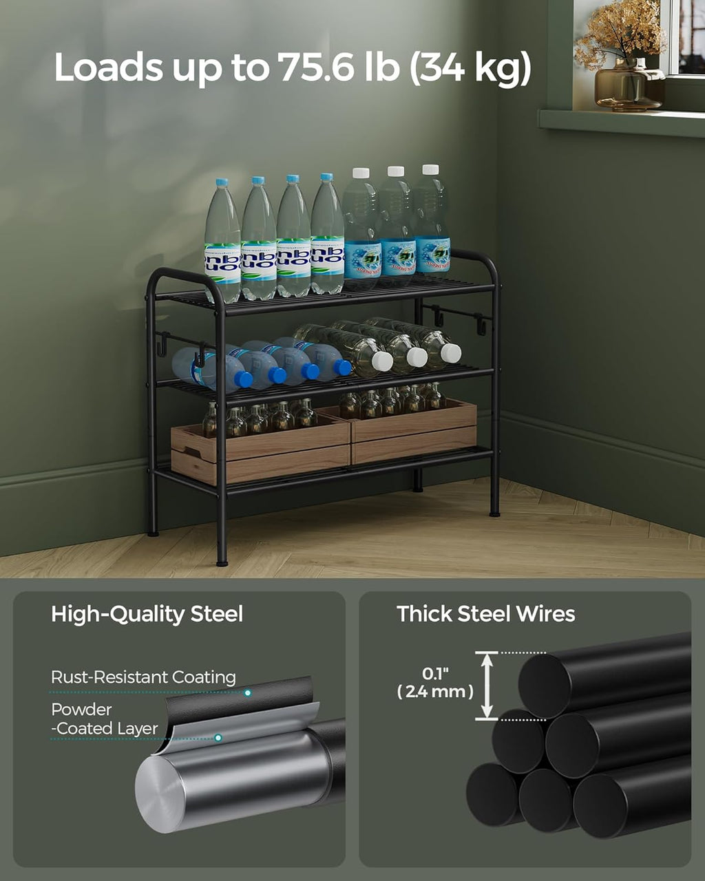 SONGMICS 3-Tier Shoe Rack - Height-Adjustable Metal Organizer with 4 Hooks | Holds 12 Pairs, Ink Black