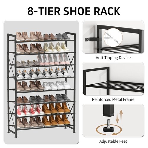 MILEFA Metal Shoe Rack, 8 Tier Tall Shoe Organizer Holds 40 Pairs, Study Shoes Stand for Garage, Closet, Entryway, Front Door Entrance