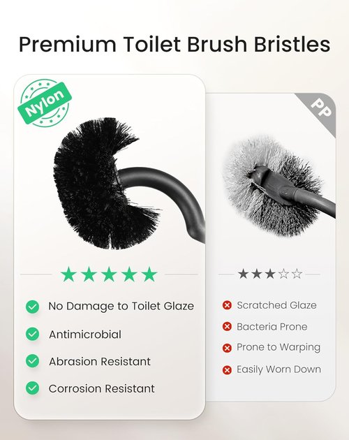 Cesun Toilet Brush and Holder Set - Curved Design for Deep Cleaning | 304 Stainless Steel, Black, 2 Replaceable Heads