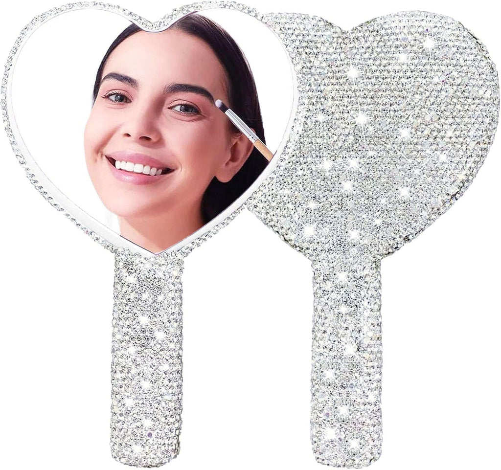 Skiennix Large Rhinestone Handheld Mirror - Dazzling Glitter Design | Portable Heart-Shaped for Weddings