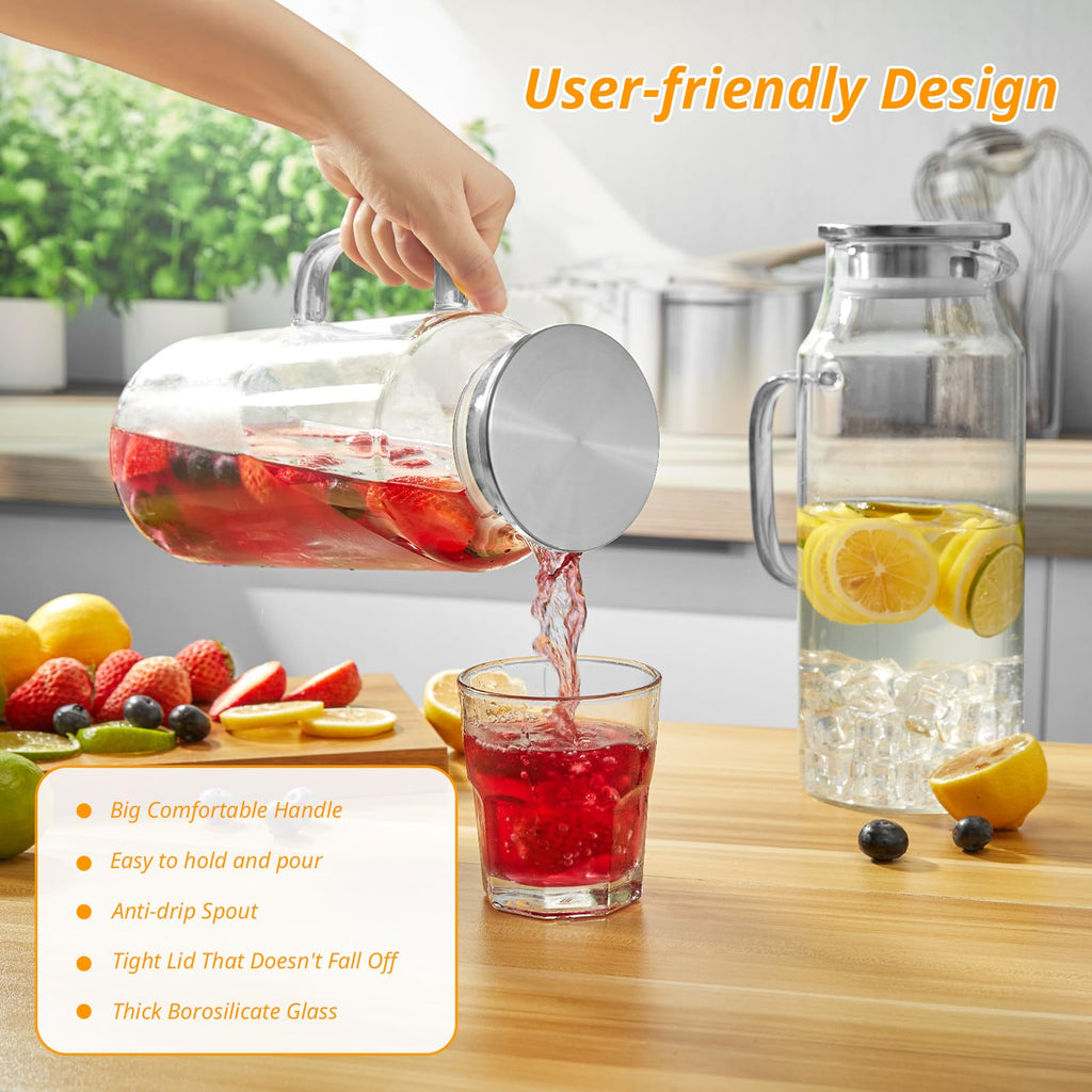 CMLKLZD 2 Liter 68 oz Glass Pitcher with Lid and Handle, Glass Carafe for Fridge, Water Pitcher for Hot/Cold Water, Large Jug for Iced Tea, Coffee, Juice and Homemade Beverage
