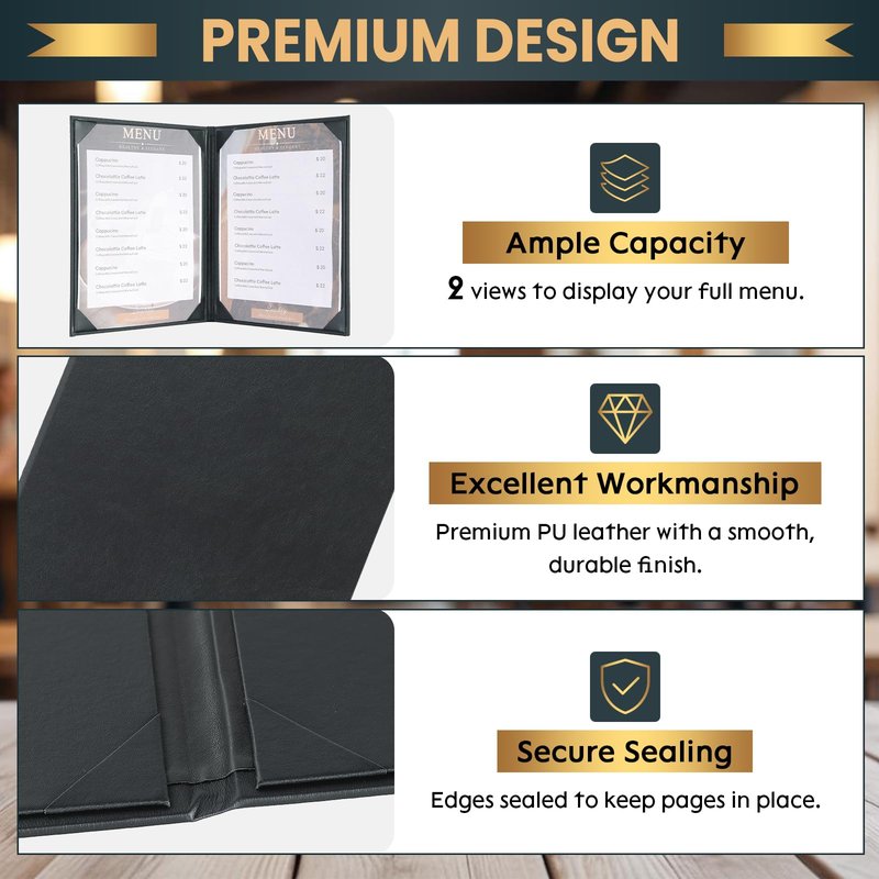 AMGSH Menu Holder 8 View Menu Covers 8.5" x 11" | 5 Pack Black Leather Menu Sleeves Book Style for Restaurant Coffee Bars Wine List (8 View, 5 Pack)