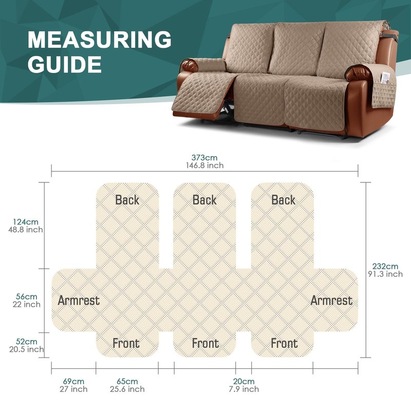 Ruaozz Waterproof Recliner Couch Covers 3 Seater，Light Brown
