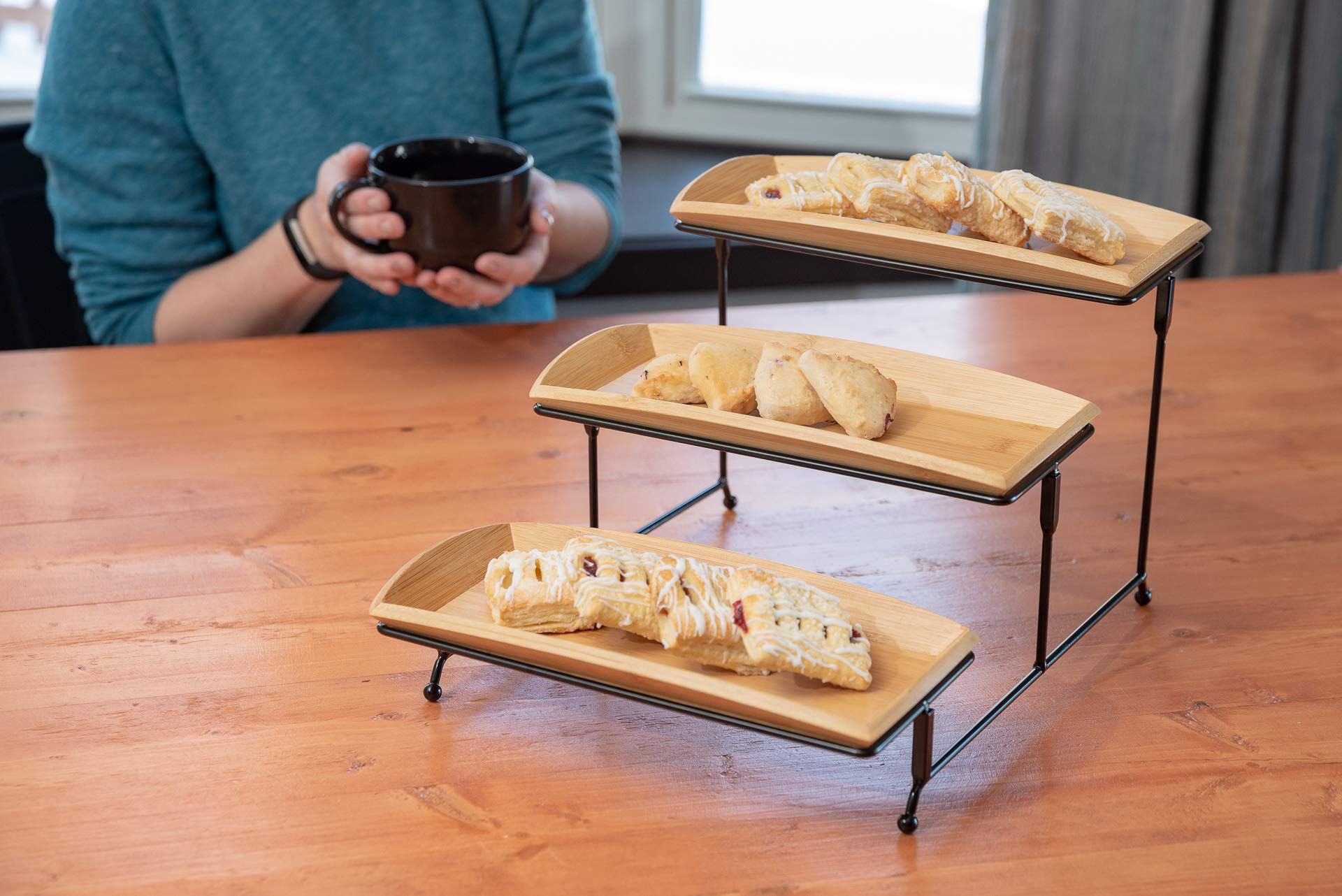 Nature’s Kitchen 3 Tier Serving Tray, Bamboo Rectangle 12 x 5.75 Inch Serving Platters, Tiered Serving Stand for Desserts and Appetizers